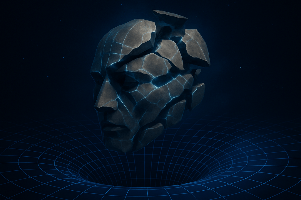 cracked block human head over space-time funnel