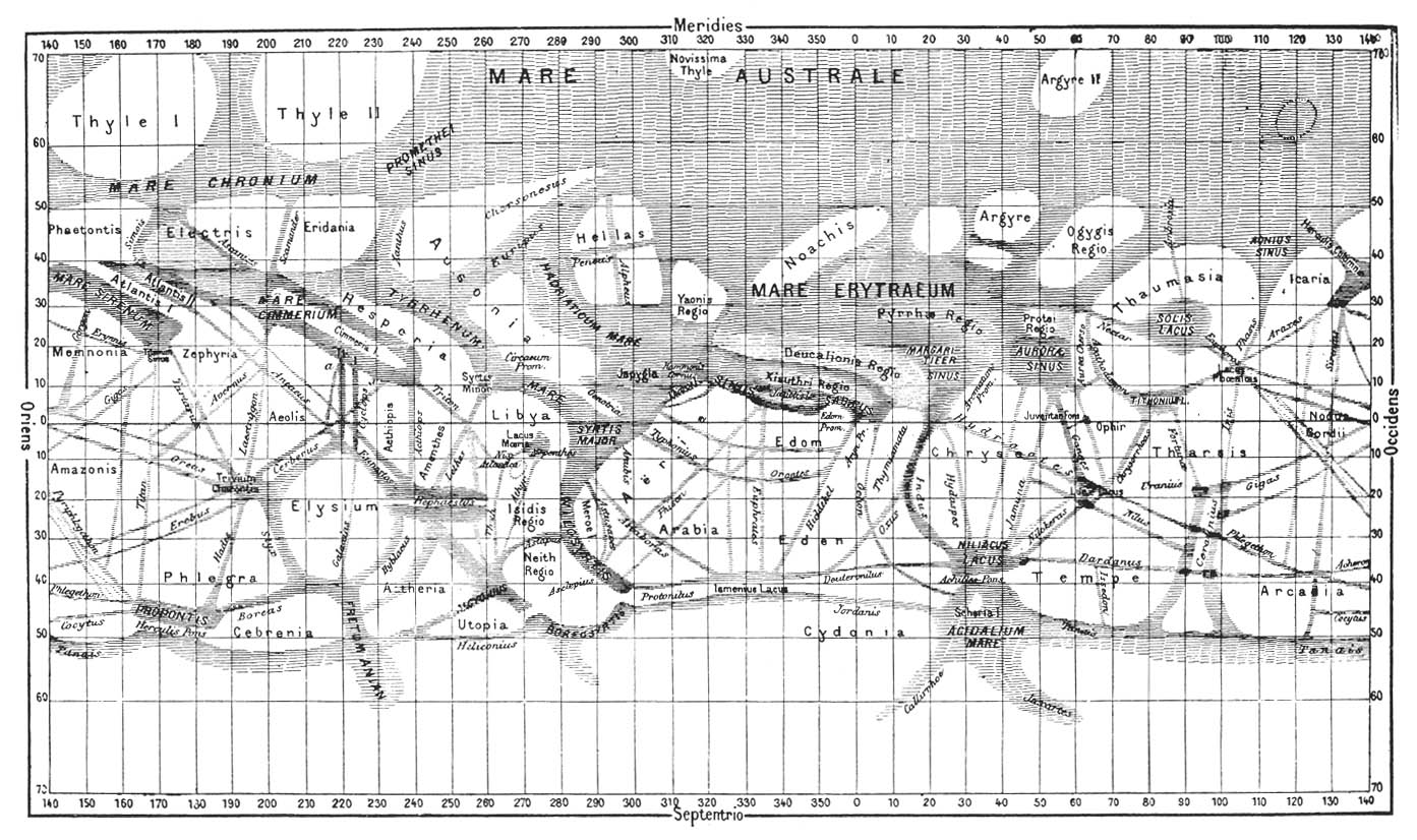 Figure 7-2: Giovanni Schiaparelli’s map of Mars, c. 1877-1886